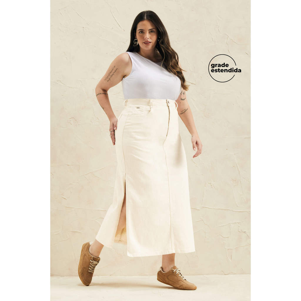 Saia Midi Feminina Jeans Com Fendas Marialícia Bege