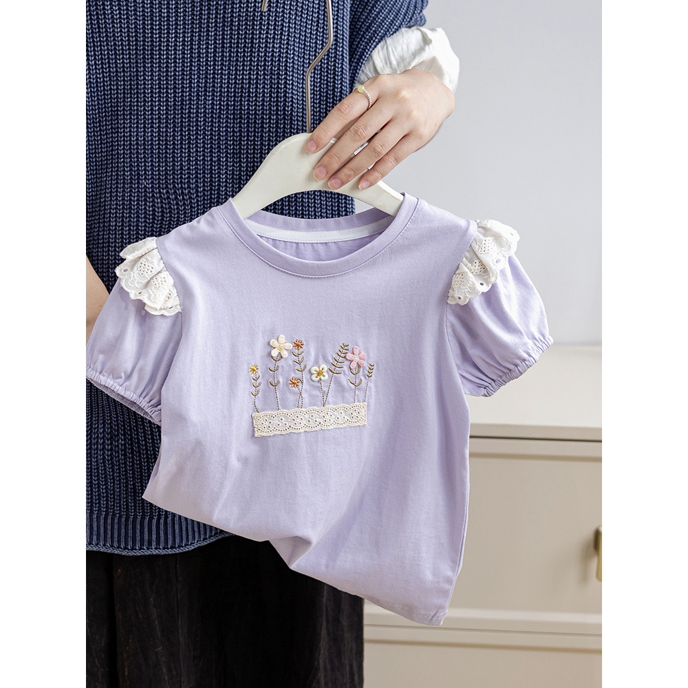 Meninas verão camiseta de manga curta 2026 meninas versão coreana Casual puro algodão topos crianças solto estilo fino A