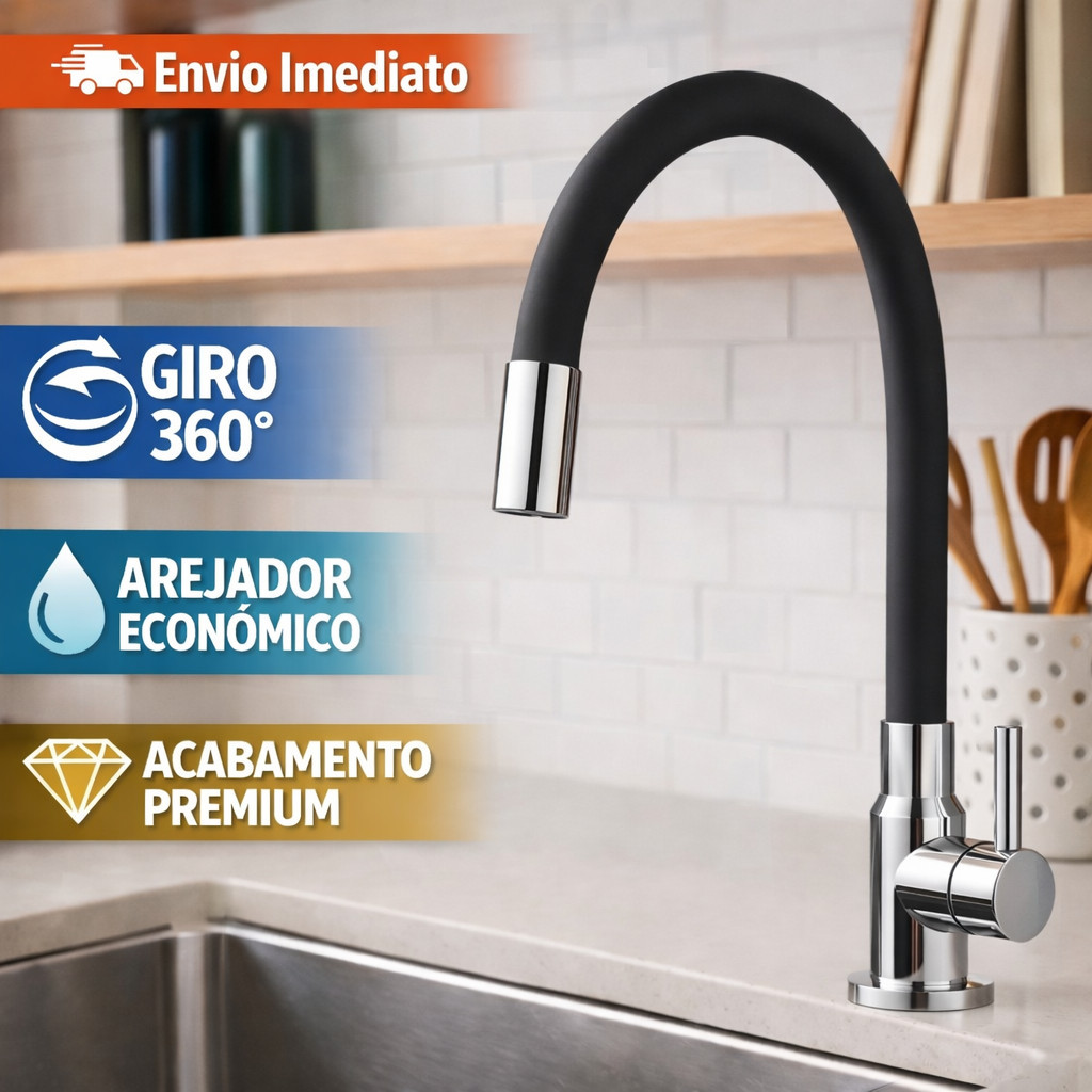 Torneira Gourmet Moderna Cozinha Flexível 360° Preta Bancada Mesa Silicone Com Arejador Alta Pressão Moda