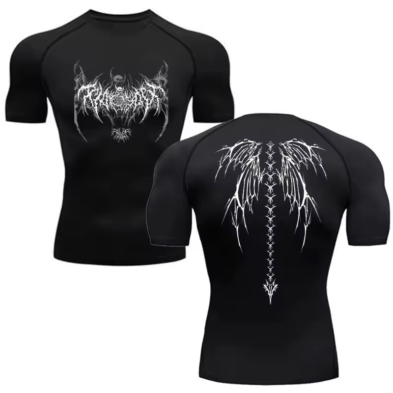 Camiseta De Compressão apertada treino gotica asas caveira Manga Curta Academia Treino Esportiva Masculino