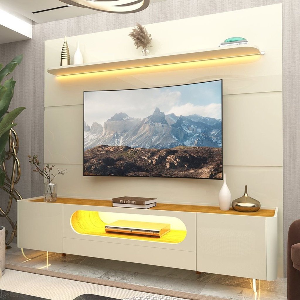 Rack com Painel para TV até 90 Polegadas 100% MDF com LED 219CMX255CM 1 Gaveta 2 Portas 1 Prateleira Branco Vidro