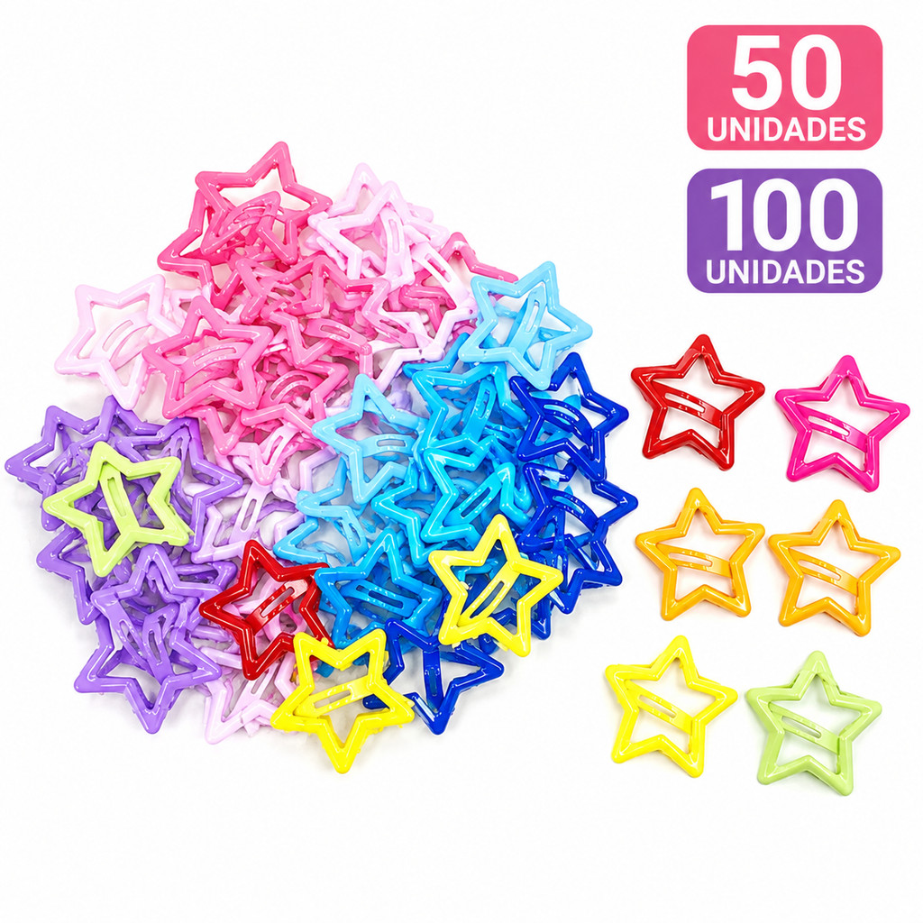 Kit 50/100 Presilhas de Cabelo Estrela Tic Tac Coloridas Cores Sortidas