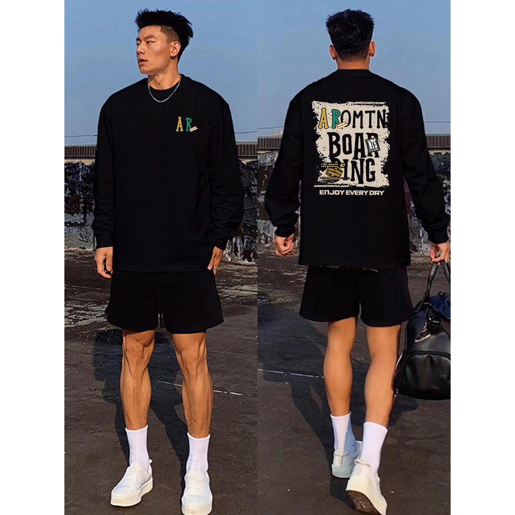 Americano na moda carta impressa de manga comprida camiseta masculina solta em torno do pescoço pesado puro algodão outo