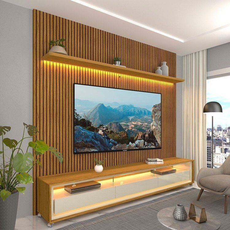 Rack com Painel Ripado Impresso TV até 90 Polegadas LED 100% MDF 224x250cm Pés em Madeira Maciça Naturale/Off White