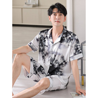 Pijamas masculinos verão gelo seda de manga curta estilo fino verão masculino seda estilo verão pode usar fora Homewear 