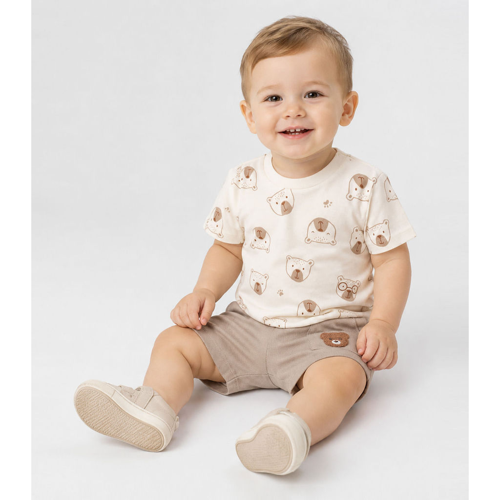 Conjunto Infantil Camiseta e Bermuda Trick Nick Bege