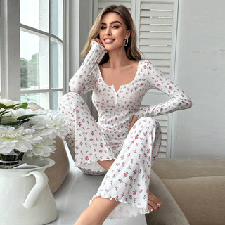Pijama transfronteiriço de manga comprida com decote em v, pequeno estampa Floral, alface, calças de ondulação, roupa de