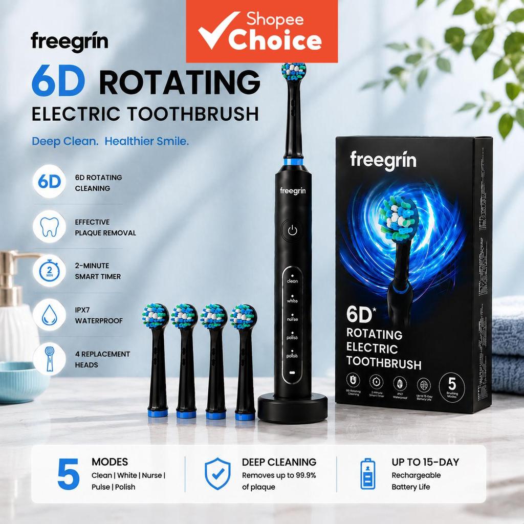 Escova de Dentes Elétrica Freegrin 6D à Prova d'Água IP67, 5 Modos, Carregamento Tipo-C e 4 Cabeças de Reposição Dupont