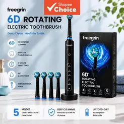 Escova de Dentes Elétrica Freegrin 6D à Prova d'Água IP67, 5 Modos, Carregamento Tipo-C e 4 Cabeças de Reposição Dupont