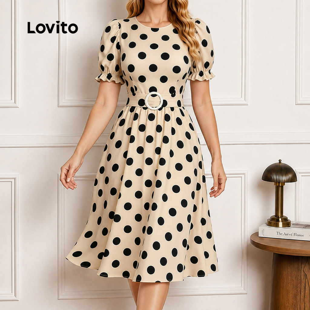 Lovito Elegant Vestido Evasê Até O Joelho Com Poás Zíper E Pompom Cor Apricot Para Mulheres DRB38BR270 · foto 2
