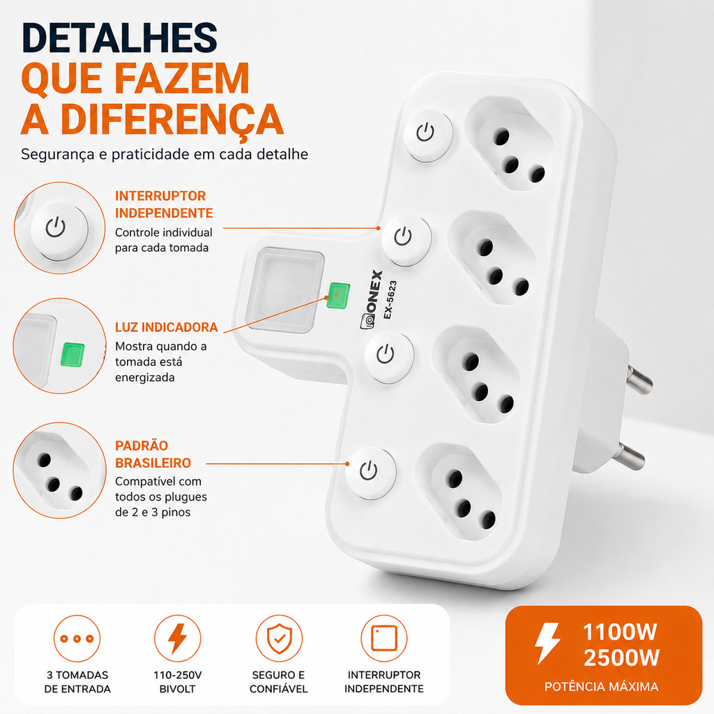 Adaptador De Tomada Ou Extensão Elétrica, 3/4 Tomadas, Opção USB Tipo C, Interruptor, 10A, Até 2500W