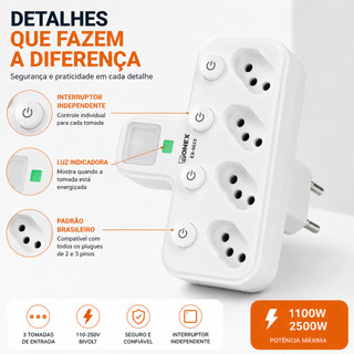 Adaptador De Tomada Ou Extensão Elétrica, 3/4 Tomadas, Opção USB Tipo C, Interruptor, 10A, Até 2500W