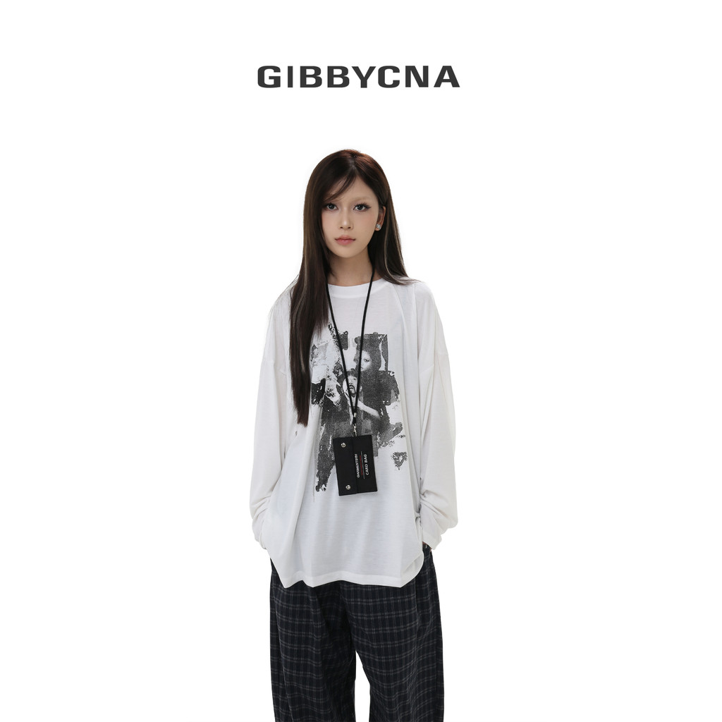 GBofficial * Camiseta estampada retrô americana masculina e feminina, roupa de rua solta, Casual, manga comprida, gola r