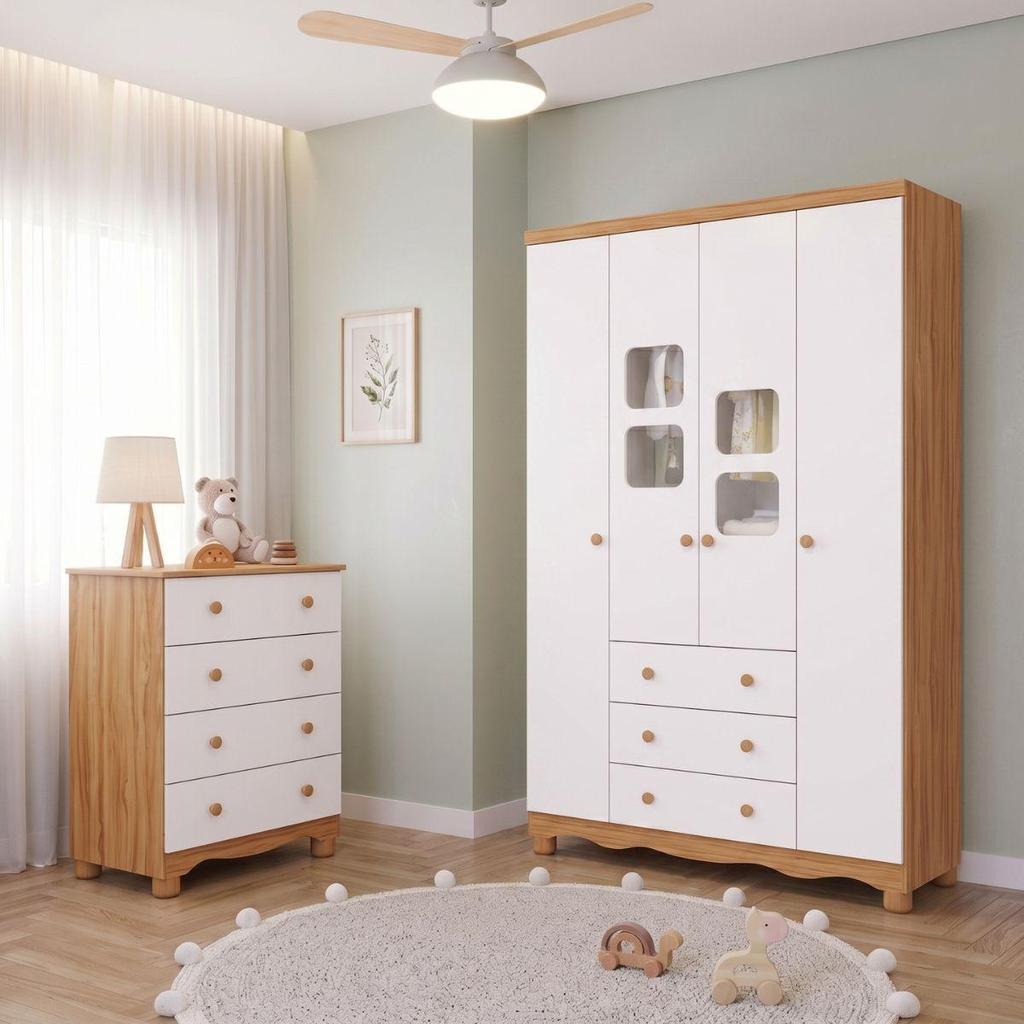 Quarto de Bebê Completo Gaveteiro 4 Gavetas Guarda Roupa 4 Porta Uli 100% MDF