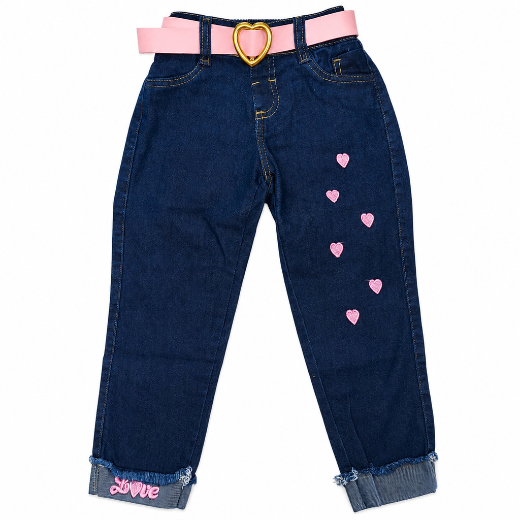 Calça Infantil Menina Jeans Premium Bordada Com Cinto