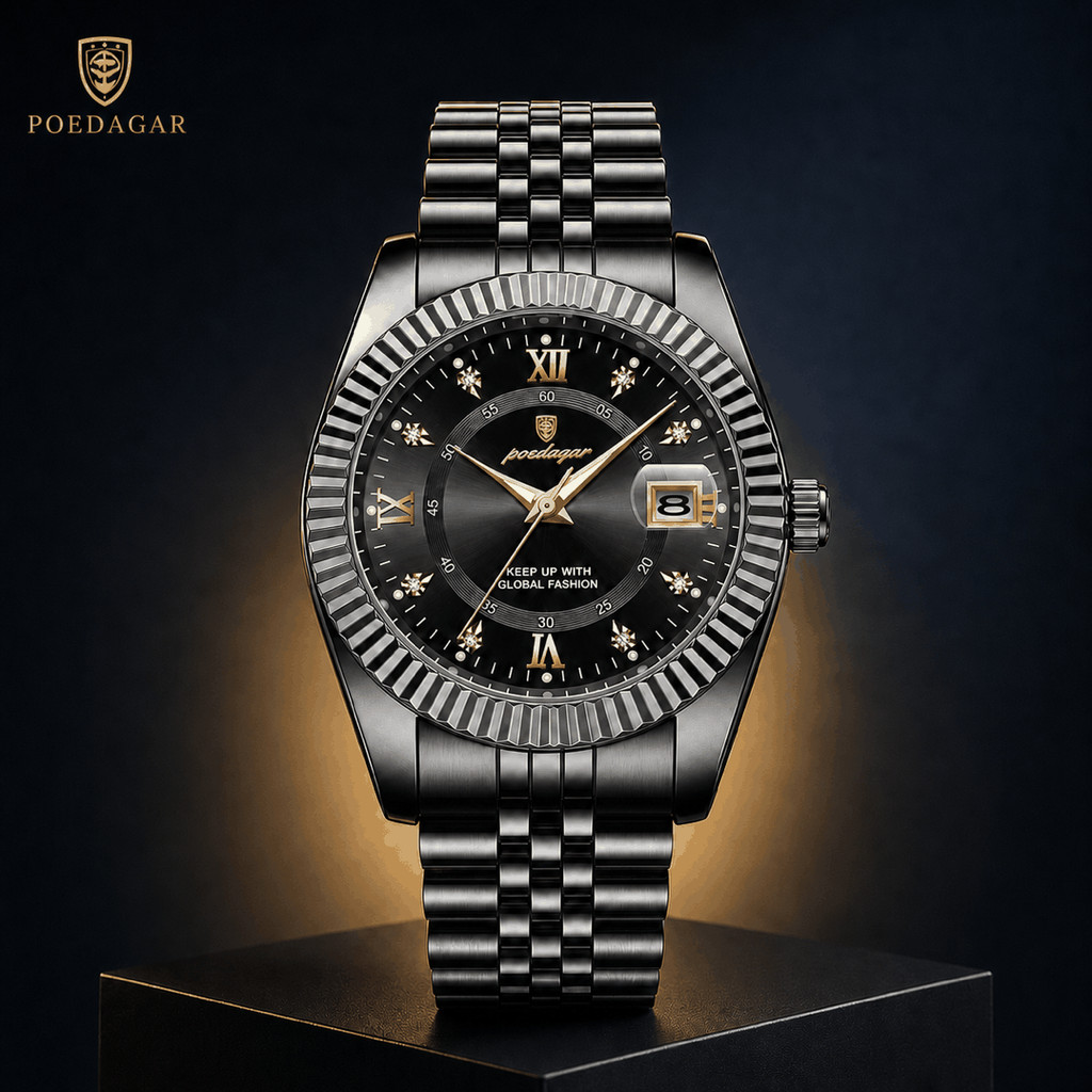 Poedagar Relógio Masculino 910 Clássico de Luxo Quartzo Data Ampliada Aço Inoxidável Luminoso 30M Resistente à Água