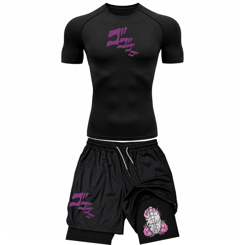 Kit Compressão Masculino Camiseta + Short 2 em 1 Academia Fitness Treino Kars Diego Brando Jojo Anime