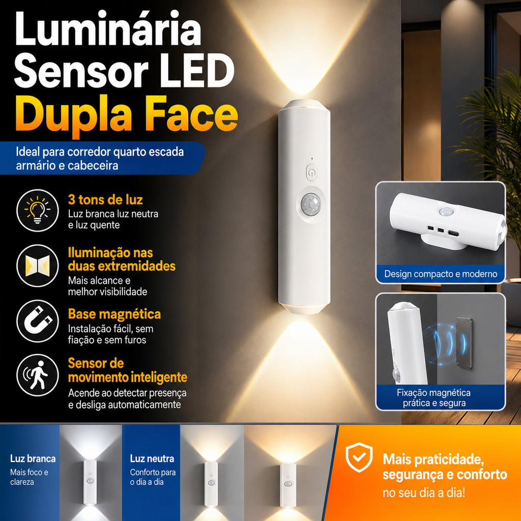 Kit 1/2 Luminária De LED com Sensor de Movimento Magnética Recarregável USB Sem Fio Portátil para Quarto Corredor Escada