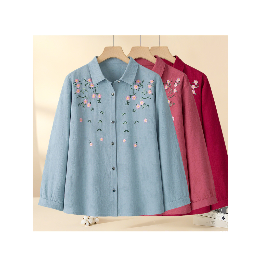 Camisa de manga comprida feminina novo estilo avó primavera outono estilo ocidental algodão redutor de idade meia-idade 