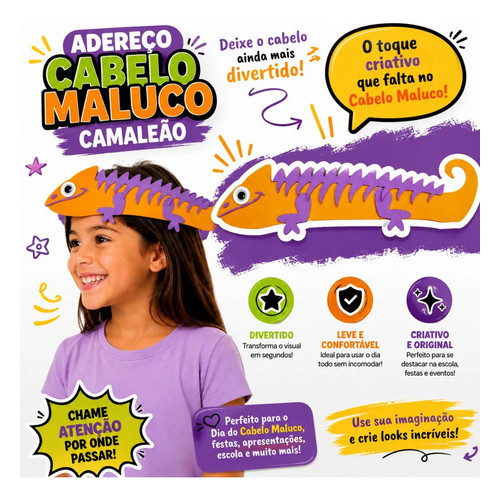 Adereço De Cabeça Camaleão Em Eva Para Cabelo Maluco Escolar — imagem 2 de 2