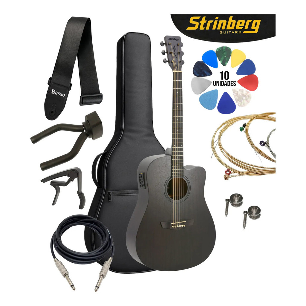 Kit Violão Eletroacústico Strinberg Fs4d Tos Folk Aço Tobacc