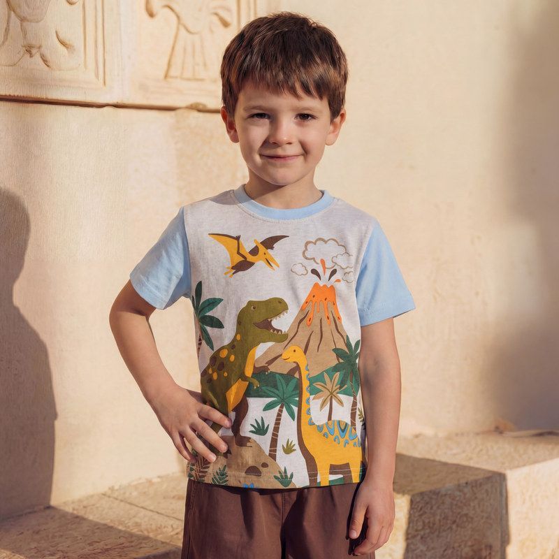 26 verão novo estilo meninos camiseta de manga curta europeu americano moda dinossauro impressão crianças em torno do pe