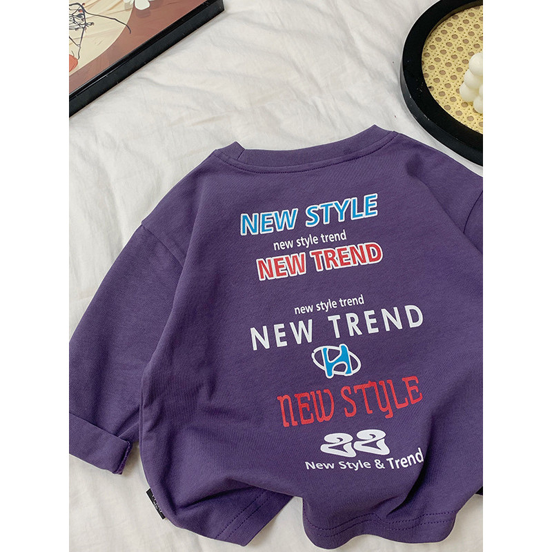 Meninos primavera outono solto manga comprida camiseta menino bebê roxo em torno do pescoço topo 2025 novo estilo pequen