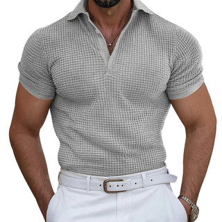 Camisa polo Waffle americana masculina camiseta gola meia manga verão novo estilo pesado manga curta solta topo