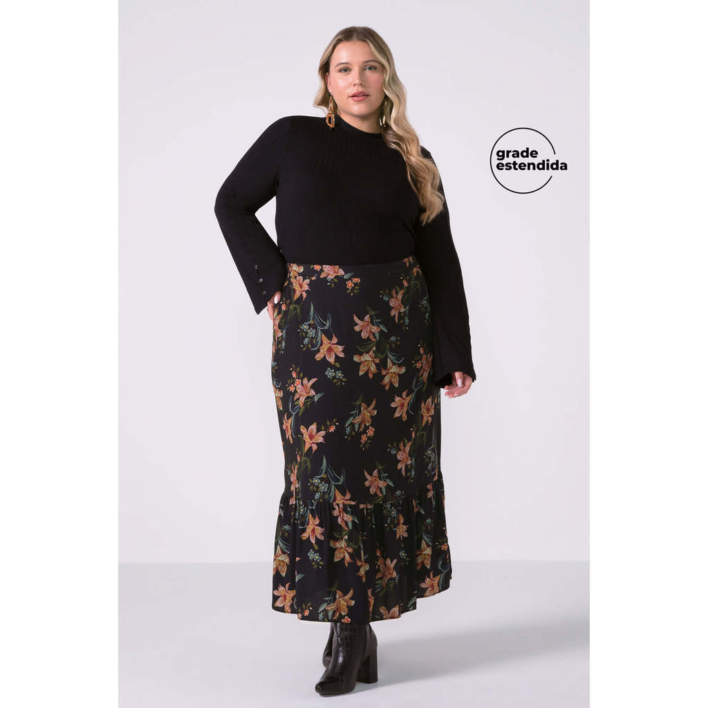 Saia Feminina Midi Babado Floral Marialícia Preto