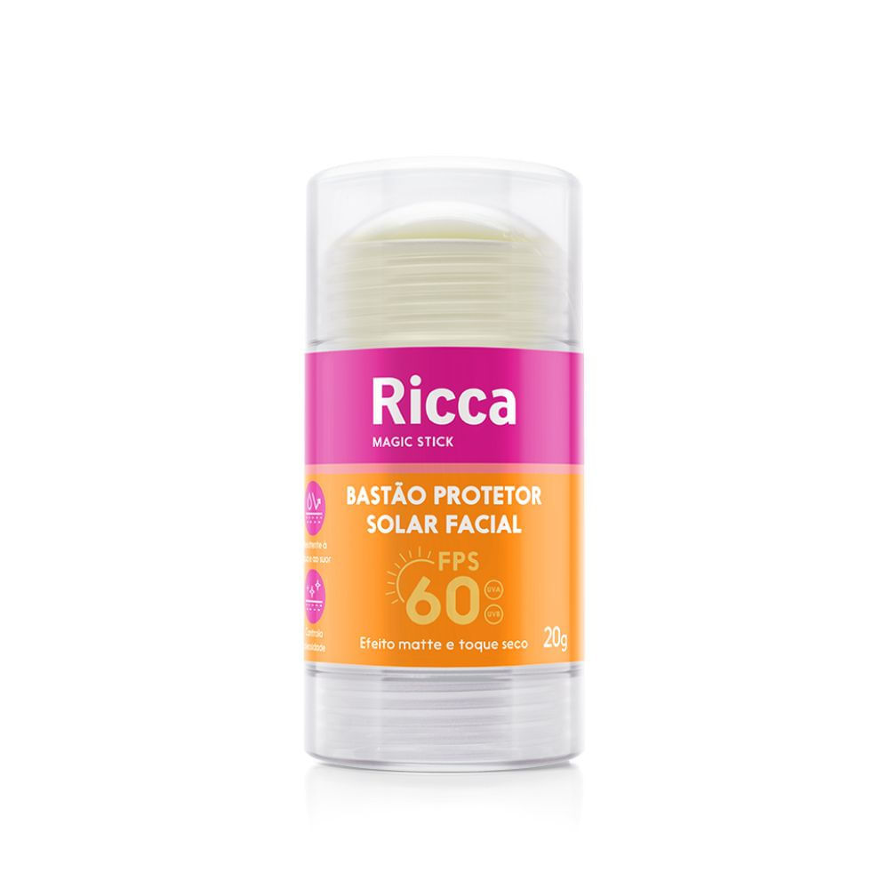 Bastão Protetor Solar Facial Ricca FPS 60 Efeito Matte e Toque Seco 20g