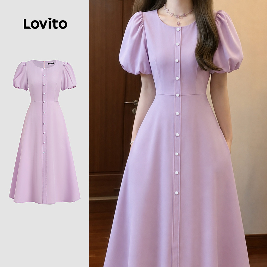 Lovito Vestido Elegante com Botões Frontais e Zíper Roxo Primavera/verão para mulheres L198ED425