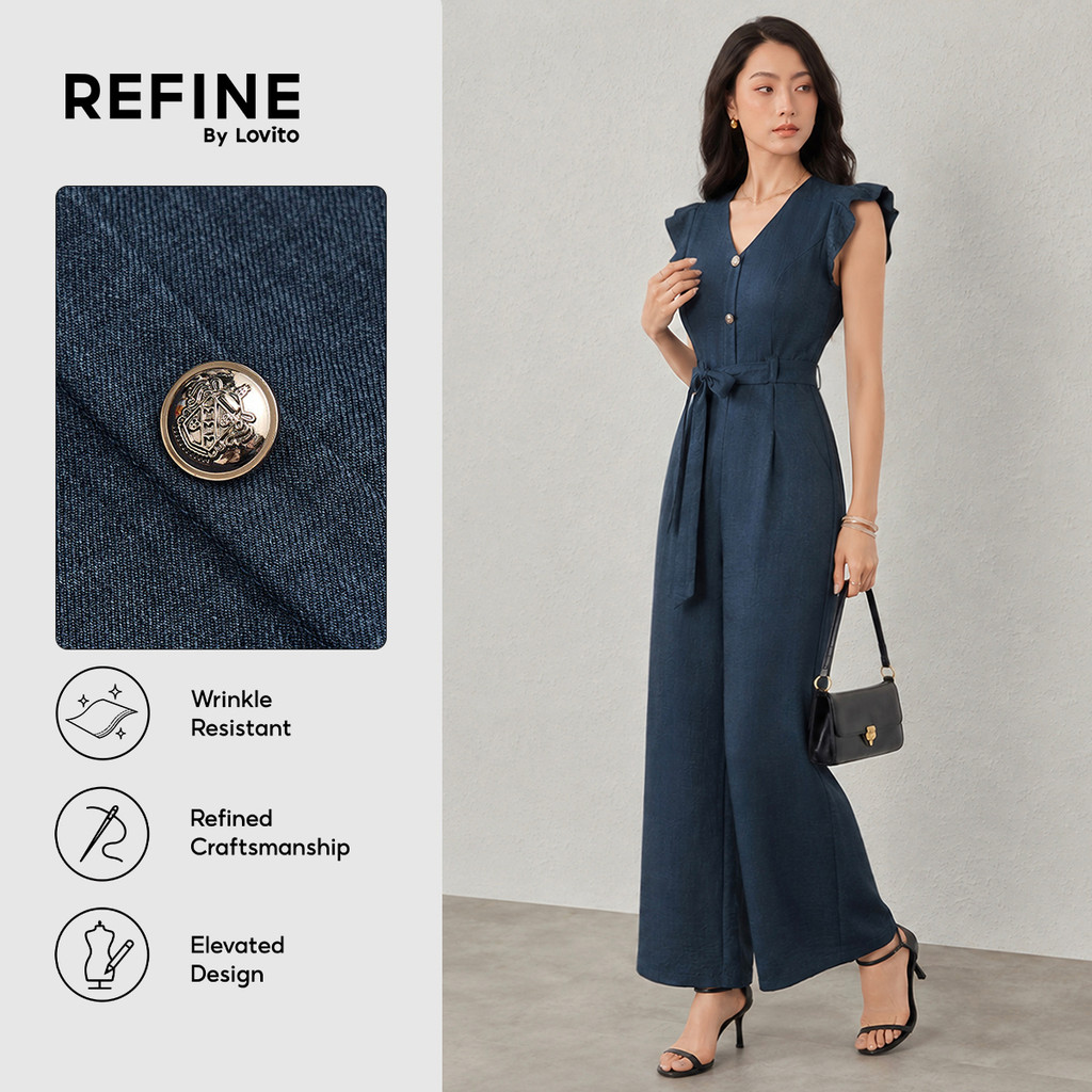 (Refine by Lovito) Casual Macacão Feminino com Botões e Cinto para Todas as Estações em Azul Marinho LR13L066