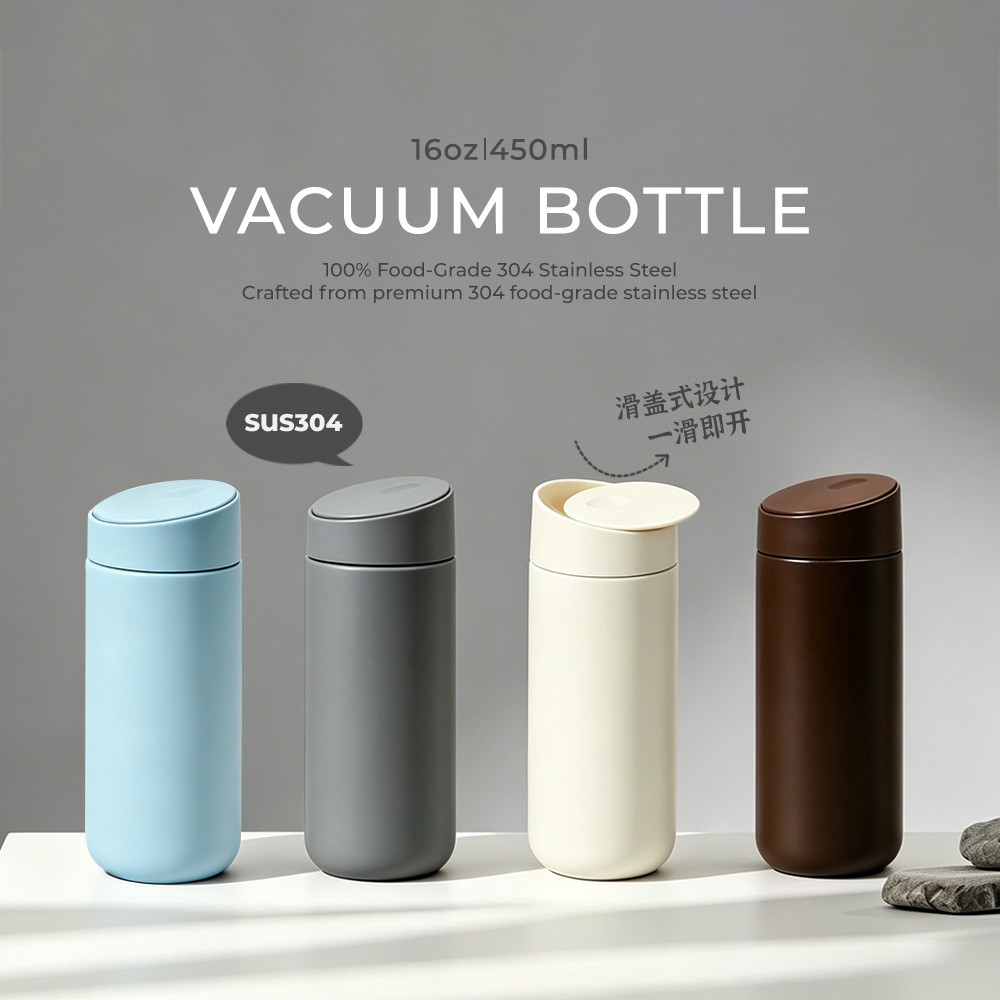 Novo copo isolado de aço inoxidável 304 de 2026, 450ml, copo com isolamento a vácuo de parede dupla, portátil com tampa 