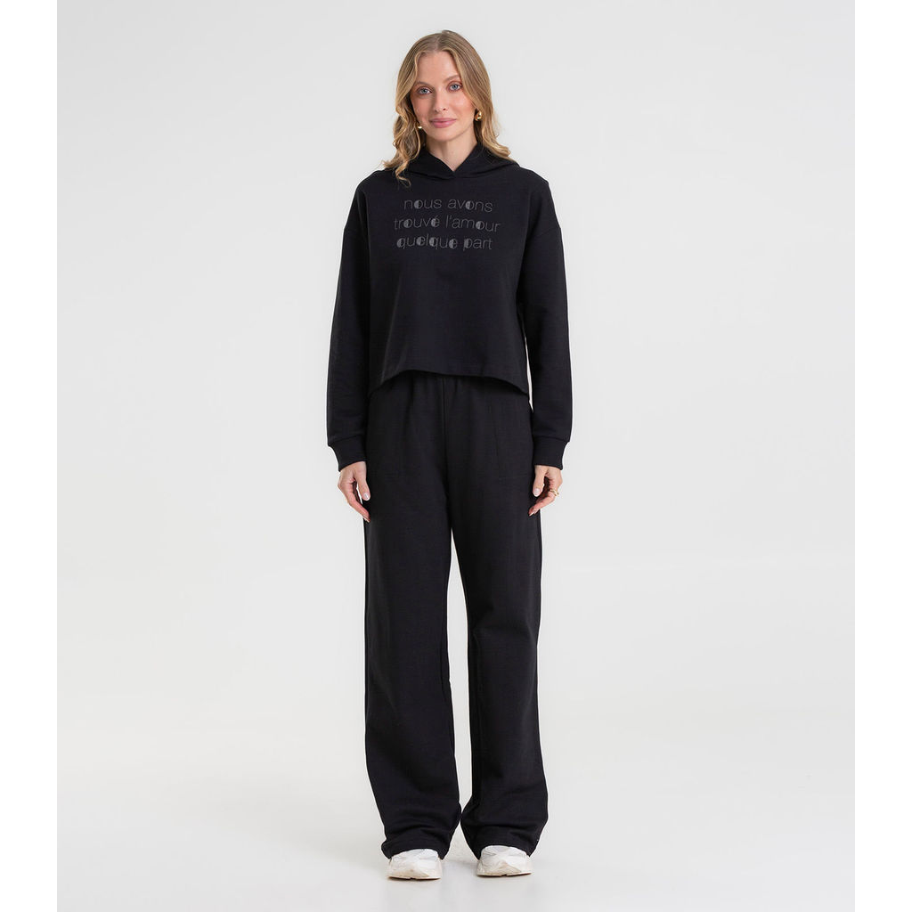 Calça Wide Leg Moletom Peluciado Básico Rovitex Preto