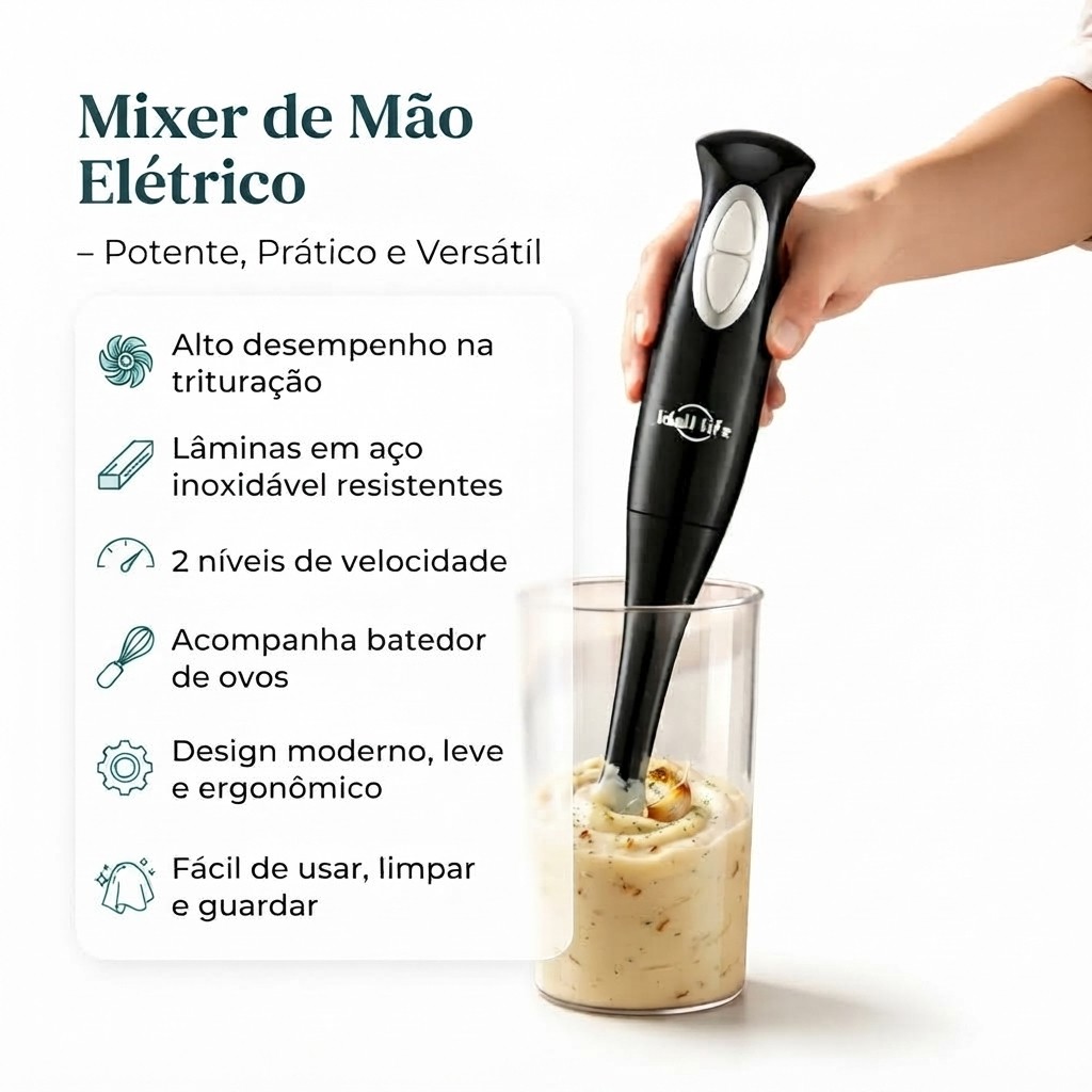 Mixer de Mão 3 em 1 IDALI LIFE Portátil, Estrutura de Aço Inoxidável, 300W 127V e Multifuncional