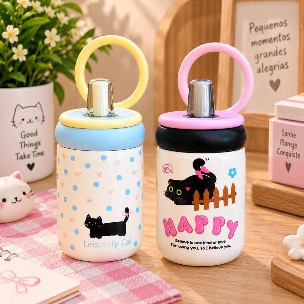 Copo com Canudo Aço Inox 500ml | Copo Gatinho com Tampa e Alça | Portátil Compacto Estampa de Gato para o Dia a Dia