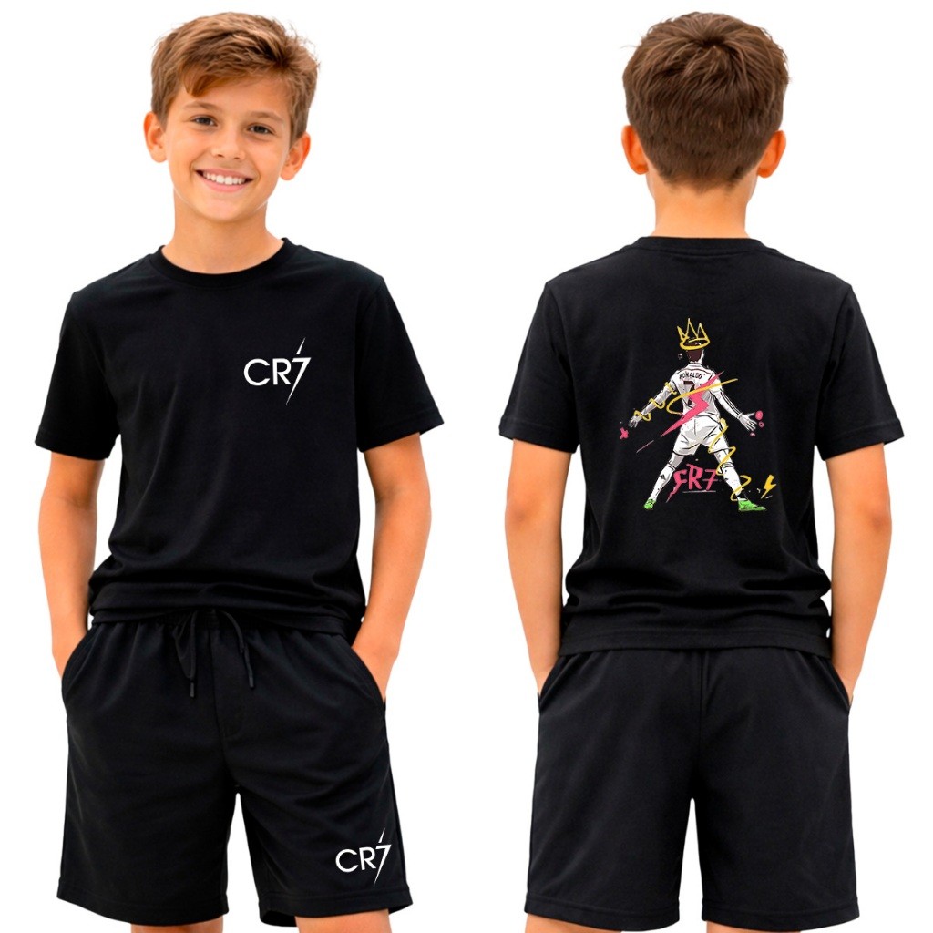 Kit Infantil CR7 2 Peças Camiseta e Short Moletom Cristiano Ronaldo Conjunto Masculino Menino Bermuda Casual Futebol