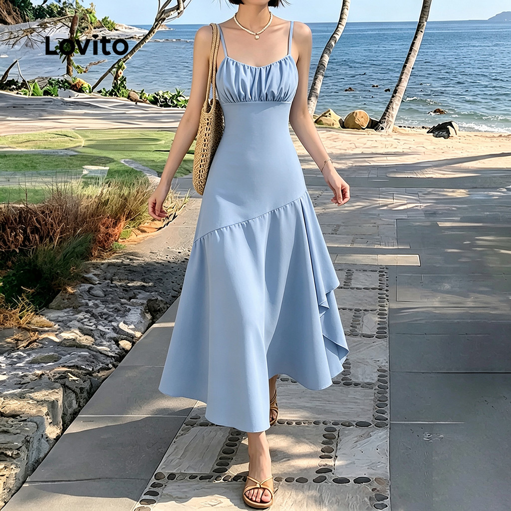 (New Arrival) Lovito Vestido Azul Boho Plissado Assimétrico Longo Linha a Para Primavera E Verão Casual De Fim De Semana E Férias Para Mulheres DRB39BR097 — imagem 2 de 2