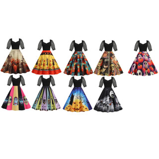 Halloween manga curta gaze costura vestido feminino Retro impresso grande balanço vestido de baile de halloween