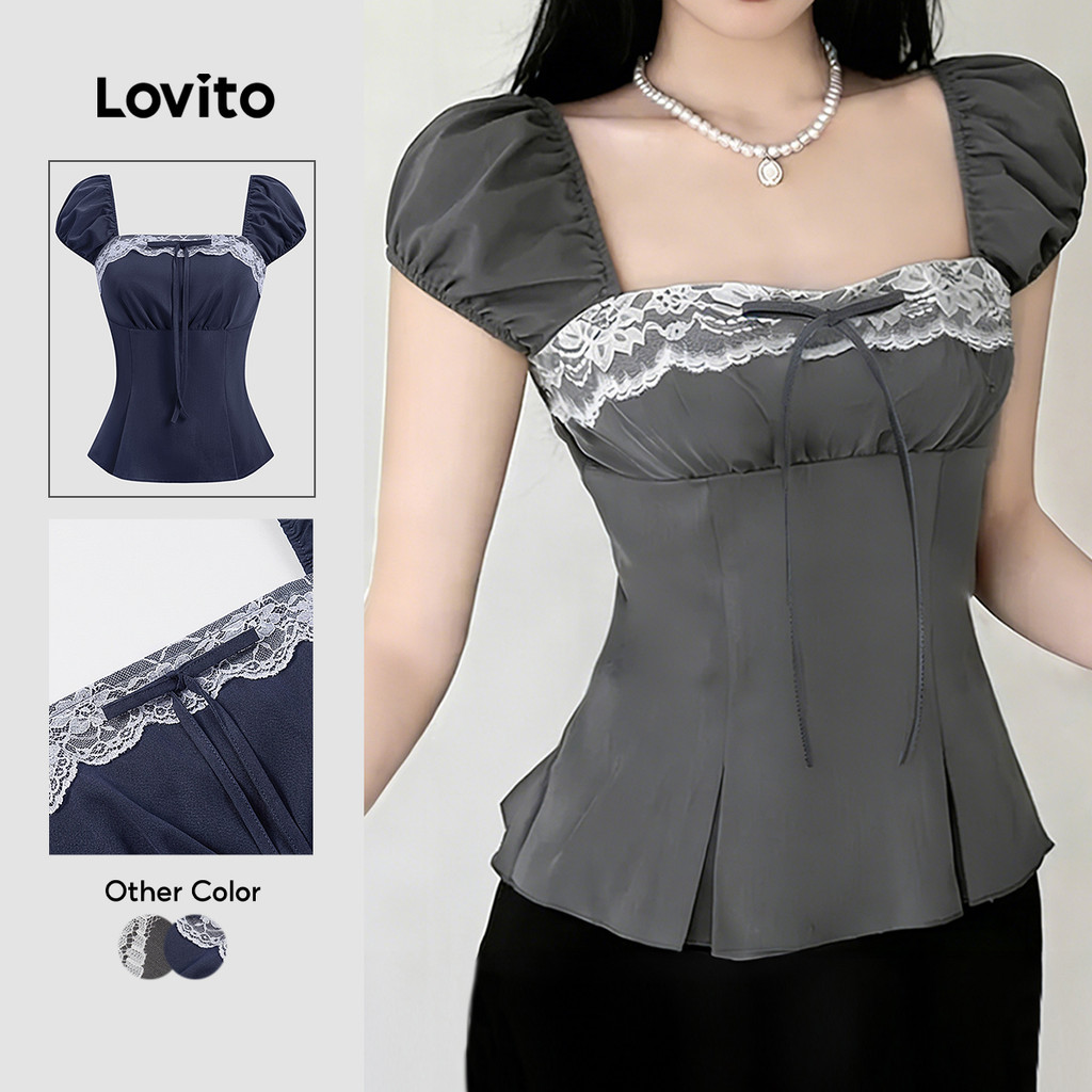 Lovito Blusa Casual de Renda Laço Bloco de Cores Primavera/verão Cinza para mulheres Bordado L191AD076