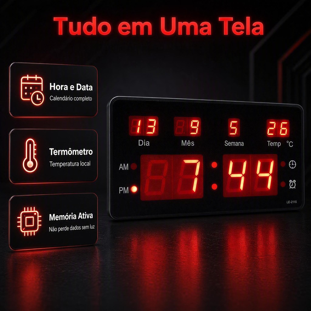 Relógio Parede Mesa Led Digital Calendário Termômetro Le2115 — imagem 2 de 2