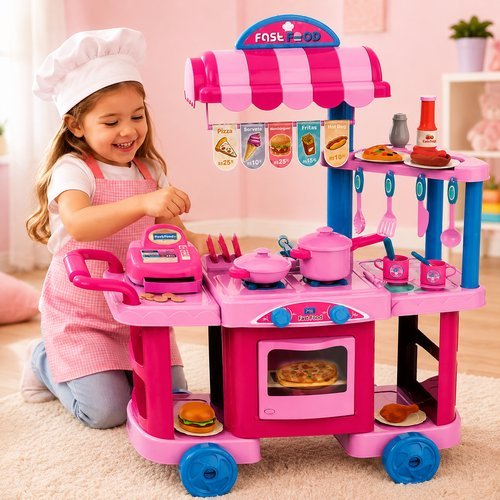 Cozinha Infantil Rosa Lanchonete Fast Food Brinquedo Menina Faz Comidinha Kit Cozinha Chef Mirim Educativo Acessórios