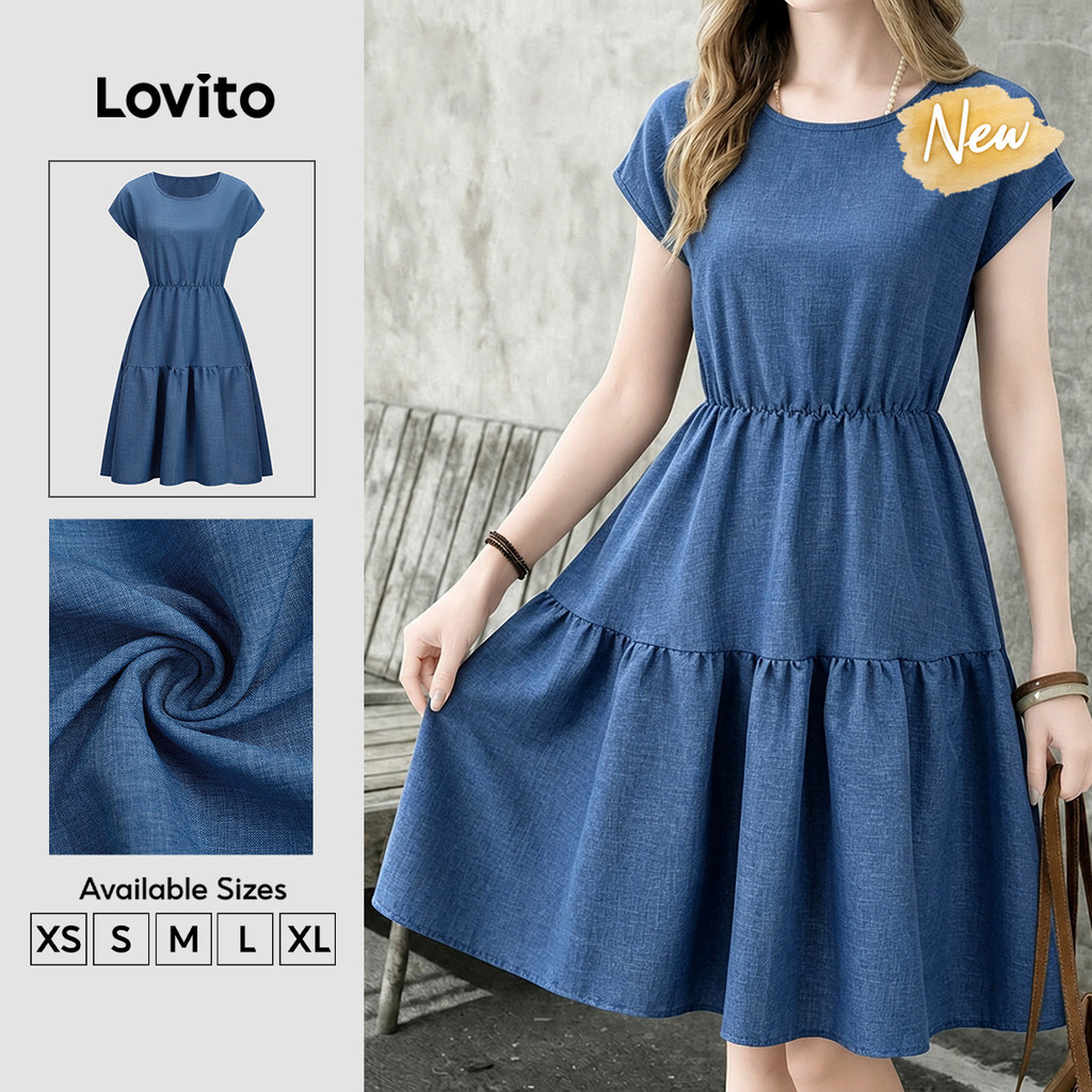 (New Arrival) Lovito Vestido Azul Feminino Evasê Até O Joelho Com Babados Em Camadas Ideal Para Primavera E Verão De Trabalho DRB205P2D040