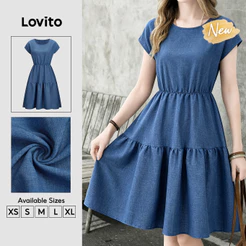 (New Arrival) Lovito Vestido Azul Feminino Evasê Até O Joelho Com Babados Em Camadas Ideal Para Primavera E Verão De Trabalho DRB205P2D040