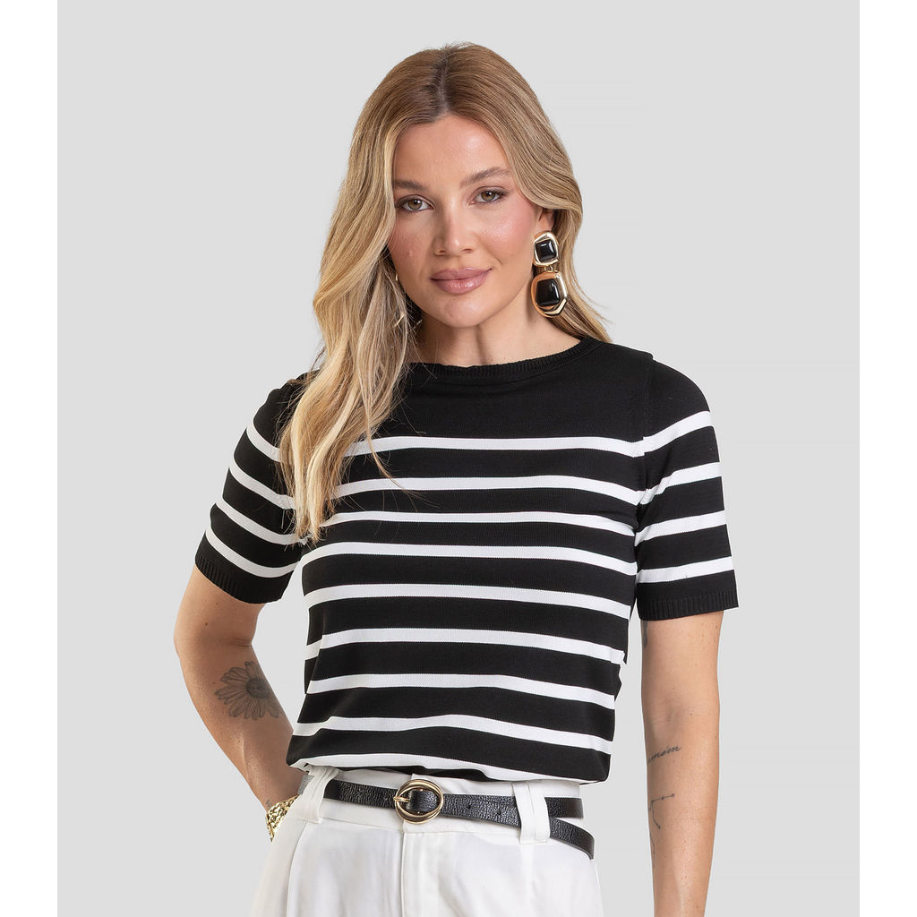 Blusa Feminina Em Tricot Listrado Dianna Preto
