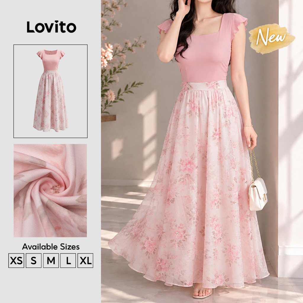 (New Arrival) Lovito Vestido Feminino Rosa Floral Color Block Com Babados Longo E evasê Para Trabalho primavera/verão DRB204P1D308