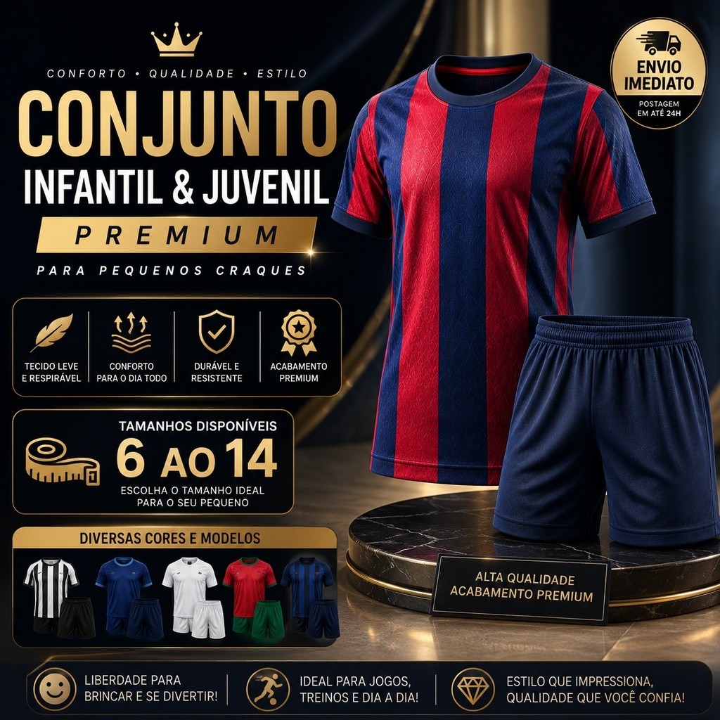 Conjunto de Futebol Infantil e Juvenil Camisa e Shorts para Menino Vários Modelos Envio Imediato