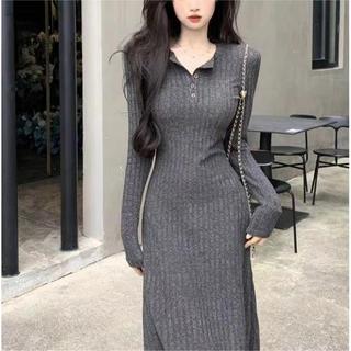 Temporada 2025 Temperamento Francês Preto Saia Longa Base Suéter Saia Feminina Pequeno Vestido de Malha260916A
