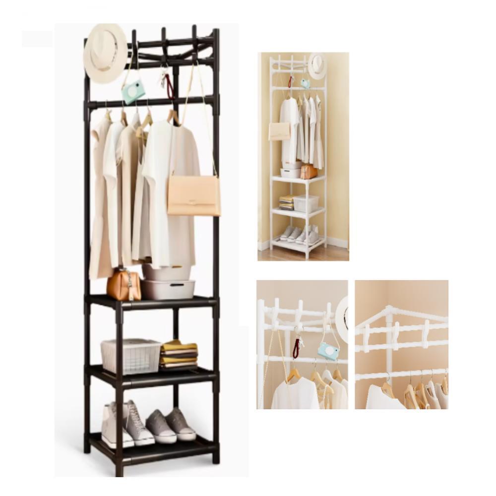 Sapateira Estante Multiuso com Cabideiro e 3 Prateleiras 170x60x43 cm, Organizador Portátil Desmontável de Roupas,