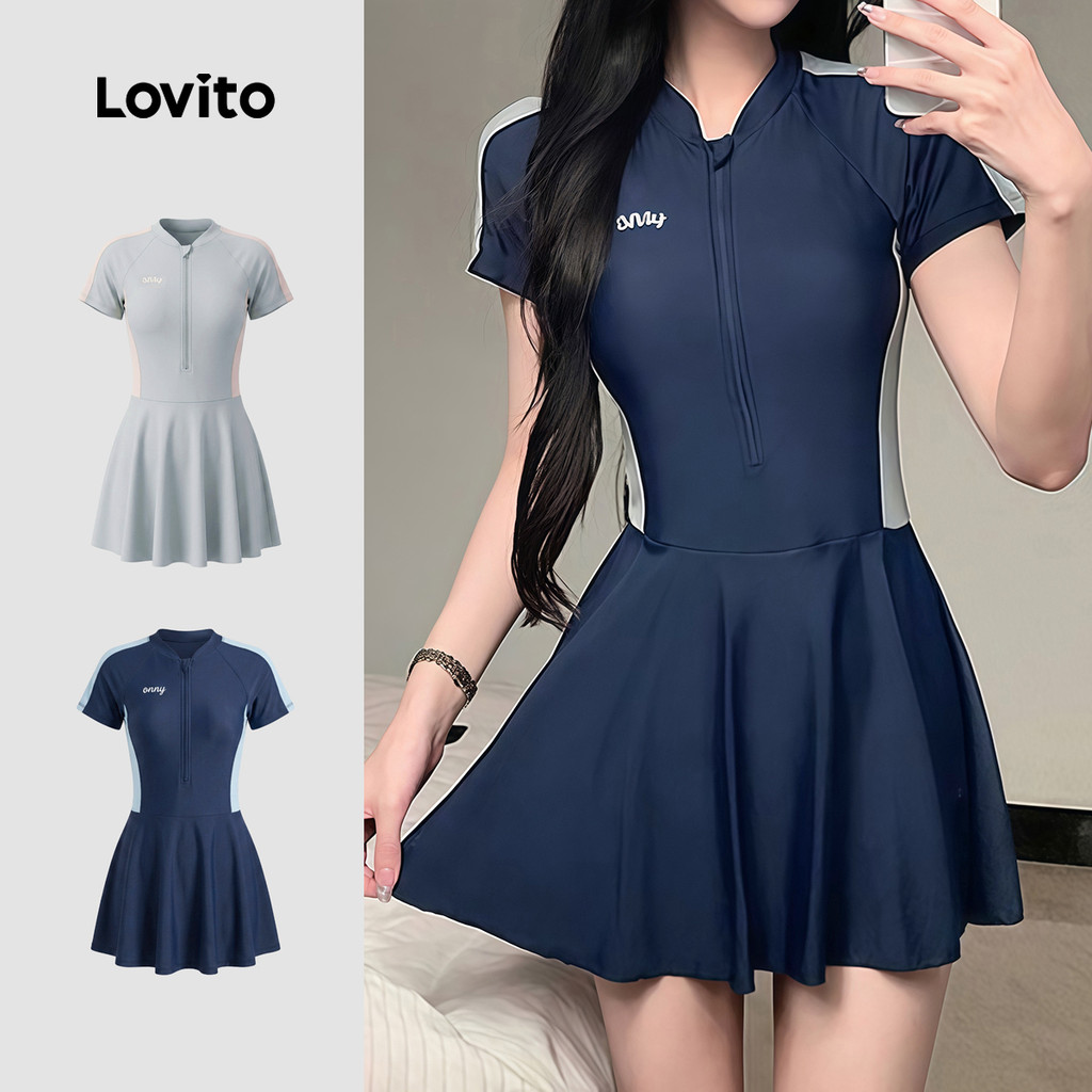 Lovito Maiô Boho De Uma Peça Estampado Colorido Com Zíper Cinza Primavera/Verão Elegante LNE1481019
